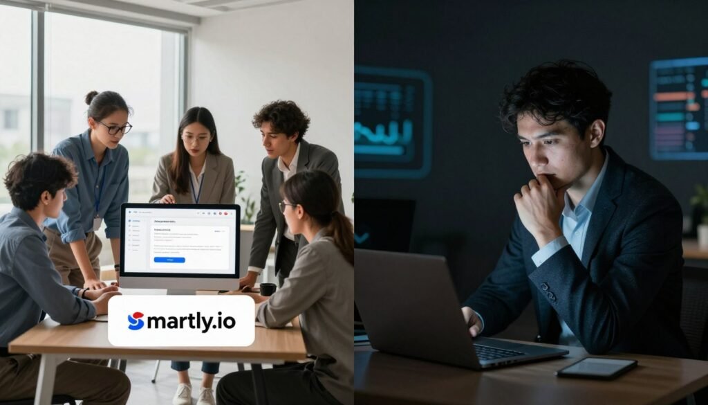 A split-screen image illustrating the pros and cons of Smartly.io. On the left side, depict a bright, modern office environment with a group of diverse professionals in business attire collaborating over a digital platform, showcasing positive aspects like automation, efficiency, and creativity. Use soft natural lighting to emphasize a productive atmosphere. On the right side, create a more subdued, darker setting where a single individual, in professional attire, appears contemplative with a laptop showing limitations like complexity and customer support challenges. The background should subtly suggest technology with abstract shapes and digital graphs. The overall mood should balance optimism and caution, emphasizing a thoughtful analysis of Smartly.io's capabilities.