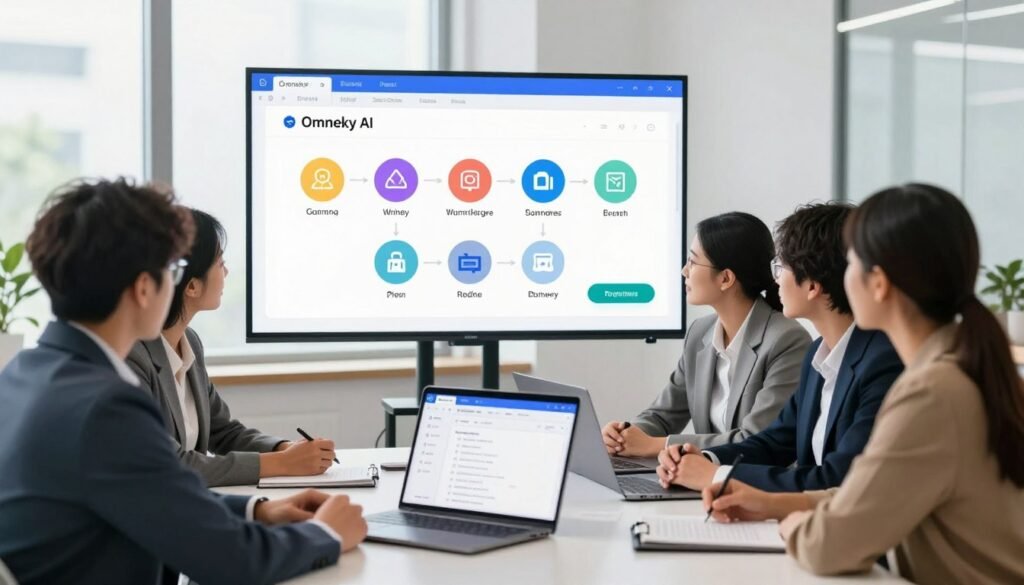 A step-by-step visual guide on how to use Omneky AI, set in a modern, well-lit office space. In the foreground, a diverse group of professionals, dressed in smart business attire, are gathered around a sleek table, focused on a laptop displaying the Omneky AI interface. In the middle, a large digital screen behind them showcases a simplified workflow of using the software, with colorful icons representing each step. The background features a bright, airy environment with large windows letting in natural light, enhancing the mood of collaboration and innovation. The composition is shot from a slightly elevated angle, providing a clear view of the screen and the engaged faces of the professionals, conveying a sense of learning and teamwork.