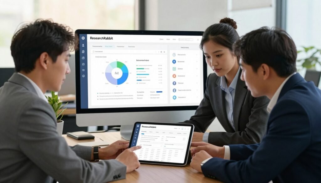 A step-by-step visual guide on using ResearchRabbit for AI research. In the foreground, a diverse group of three professional individuals, dressed in business attire, collaborates around a digital tablet displaying the ResearchRabbit interface. The middle section showcases a split-screen design: on one side, a computer screen illustrating various research features like graph visualizations and article recommendations; on the other side, icons representing research categories and saved libraries. The background features a modern office setting with large windows allowing soft, natural light to flood the space, creating a warm atmosphere of innovation and teamwork. The angle captures the enthusiasm and focus of the team, evoking a sense of discovery and collaboration.