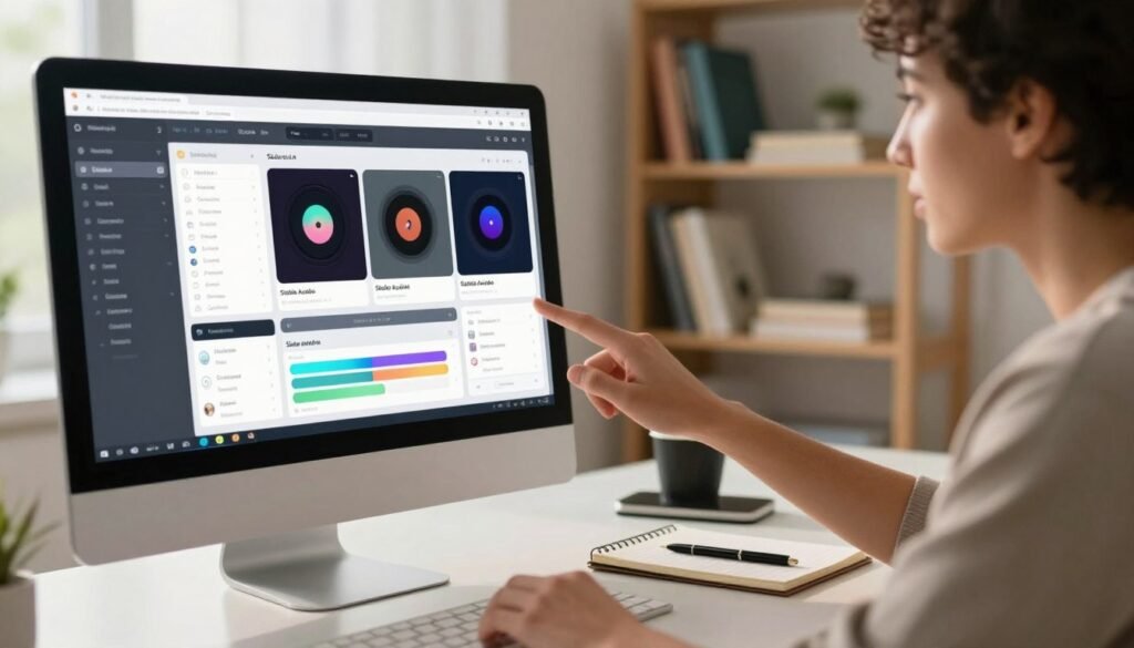 A step-by-step visual guide on using Stable Audio AI, set in a modern, sleek workspace. In the foreground, a professional-looking computer screen displays the Stable Audio AI interface with various music generation options visible. To the side, a person in smart casual attire is interacting with the software, looking intrigued and focused. The middle ground features a clear desk with a notepad and pen, symbolizing planning. In the background, a soft-focus bookshelf with tech-related books enhances the ambiance. The lighting is bright and inviting, with a warm glow illuminating the workspace, creating a motivational atmosphere. The overall mood is educational and inspiring, emphasizing clarity and user-friendliness in the audio creation process. A step-by-step visual guide on using Stable Audio AI, set in a modern, sleek workspace. In the foreground, a professional-looking computer screen displays the Stable Audio AI interface with various music generation options visible. To the side, a person in smart casual attire is interacting with the software, looking intrigued and focused. The middle ground features a clear desk with a notepad and pen, symbolizing planning. In the background, a soft-focus bookshelf with tech-related books enhances the ambiance. The lighting is bright and inviting, with a warm glow illuminating the workspace, creating a motivational atmosphere. The overall mood is educational and inspiring, emphasizing clarity and user-friendliness in the audio creation process.