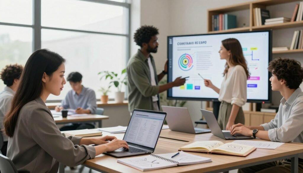 A vibrant and engaging workspace scene showing a diverse group of professionals collaborating on writing prompts for Consensus AI. In the foreground, an Asian woman in business attire types on a laptop, surrounded by notebooks filled with ideas. In the middle, a Black man and a Caucasian woman consult over a large screen displaying graphical representations of AI prompts, with colorful diagrams and flowcharts. Soft, natural lighting fills the room from a window, creating a friendly atmosphere. The background features shelves filled with books on AI and technology, emphasizing a modern and innovative environment. The angle captures the team in action, fostering a sense of collaboration and creativity.