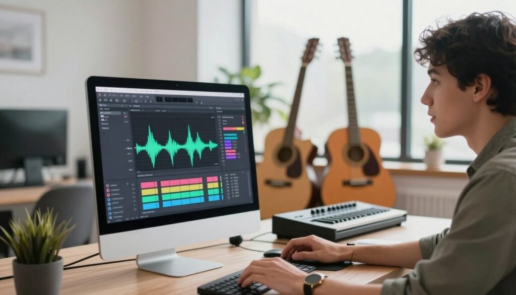 A vibrant, modern workspace showcasing Udio AI in action. In the foreground, a sleek computer with a user interface displaying music creation tools, colorful sound waves, and algorithms. A focused individual in casual yet professional attire is engaged in manipulating the software; their face reflects curiosity and concentration. In the middle ground, various musical instruments like a guitar and synthesizer are artistically placed, symbolizing creativity. The background features bright, natural lighting coming through large windows, creating an inviting and inspiring atmosphere. The overall mood is innovative and energetic, hinting at the possibilities of AI-driven music creation. Capture this dynamic scene with a shallow depth of field, emphasizing the computer and the user while gently blurring the background. A vibrant, modern workspace showcasing Udio AI in action. In the foreground, a sleek computer with a user interface displaying music creation tools, colorful sound waves, and algorithms. A focused individual in casual yet professional attire is engaged in manipulating the software; their face reflects curiosity and concentration. In the middle ground, various musical instruments like a guitar and synthesizer are artistically placed, symbolizing creativity. The background features bright, natural lighting coming through large windows, creating an inviting and inspiring atmosphere. The overall mood is innovative and energetic, hinting at the possibilities of AI-driven music creation. Capture this dynamic scene with a shallow depth of field, emphasizing the computer and the user while gently blurring the background.