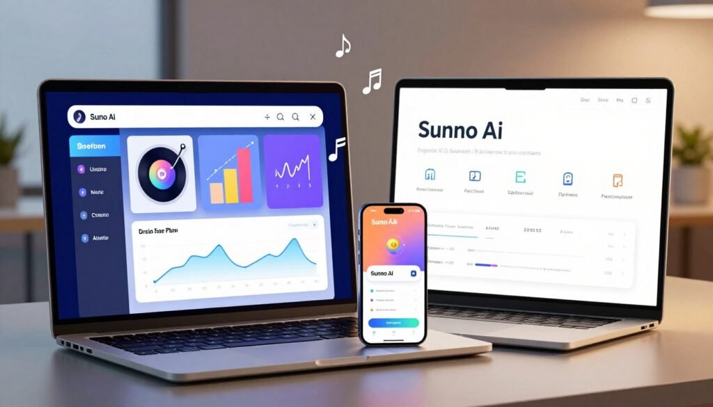 A visually appealing comparison scene showing two distinct sections: on the left, a vibrant illustration of a Suno AI free plan interface with engaging features like music creation tools and analysis graphs, highlighted in cool tones. On the right, a sophisticated representation of the paid plan, showcasing advanced features in warm tones, symbolizing premium access. In the foreground, a sleek modern laptop and a smartphone displaying the Suno AI app, accentuated with soft shadows. The middle ground transitions between the two interfaces, with digital symbols like music notes and charts subtly integrated. The background features a blurred office environment, creating a professional atmosphere, with soft backlighting illuminating the tech devices. The overall mood conveys innovation and opportunity, inviting users to explore the options. A visually appealing comparison scene showing two distinct sections: on the left, a vibrant illustration of a Suno AI free plan interface with engaging features like music creation tools and analysis graphs, highlighted in cool tones. On the right, a sophisticated representation of the paid plan, showcasing advanced features in warm tones, symbolizing premium access. In the foreground, a sleek modern laptop and a smartphone displaying the Suno AI app, accentuated with soft shadows. The middle ground transitions between the two interfaces, with digital symbols like music notes and charts subtly integrated. The background features a blurred office environment, creating a professional atmosphere, with soft backlighting illuminating the tech devices. The overall mood conveys innovation and opportunity, inviting users to explore the options.