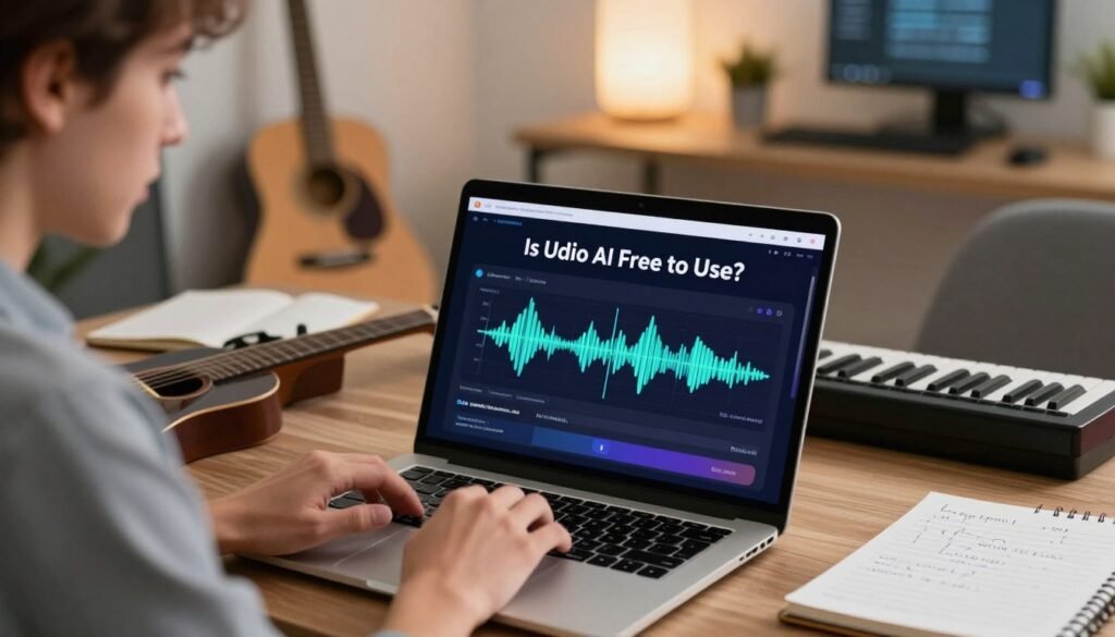 A visually engaging composition showcasing the concept of "Is Udio AI Free to Use?" in a digital music creation context. In the foreground, a sleek laptop displaying the Udio AI interface, featuring vibrant music waveforms and intuitive design elements. To the left, a person dressed in professional casual attire, focused on the screen, with an expression of curiosity. In the middle ground, scattered musical instruments like a guitar and keyboard, symbolizing creativity, alongside open notepads filled with handwritten notes. The background features a modern, stylish home office with soft ambient lighting, creating a warm and inviting atmosphere. Utilize a slight depth of field effect to emphasize the laptop and the person, while maintaining clarity on the surrounding elements. Overall, convey a sense of exploration and inspiration in music creation. A visually engaging composition showcasing the concept of "Is Udio AI Free to Use?" in a digital music creation context. In the foreground, a sleek laptop displaying the Udio AI interface, featuring vibrant music waveforms and intuitive design elements. To the left, a person dressed in professional casual attire, focused on the screen, with an expression of curiosity. In the middle ground, scattered musical instruments like a guitar and keyboard, symbolizing creativity, alongside open notepads filled with handwritten notes. The background features a modern, stylish home office with soft ambient lighting, creating a warm and inviting atmosphere. Utilize a slight depth of field effect to emphasize the laptop and the person, while maintaining clarity on the surrounding elements. Overall, convey a sense of exploration and inspiration in music creation.