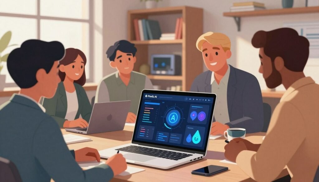 A visually engaging digital illustration featuring a high-tech workspace representing "Predis AI" and its Frequently Asked Questions. In the foreground, a sleek laptop displays a vibrant dashboard interface with data visualizations and icons symbolizing AI features. A set of diverse, professional individuals dressed in business attire collaborate around the laptop, engaged in discussion, showcasing curiosity and enthusiasm. In the middle background, shelves filled with books and AI-related tools create a scholarly environment. Soft, natural lighting filters through large windows, casting gentle shadows, creating a warm atmosphere of innovation and learning. The camera angle is slightly elevated, capturing the dynamic interaction while emphasizing the cutting-edge technology displayed on the laptop screen.