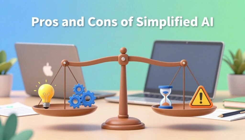A visually engaging digital illustration focused on "Pros and Cons of Simplified AI." In the foreground, depict two balanced scales: one side features icons representing the advantages of simplified AI (like a light bulb, gears, and a thumbs-up), while the other side displays symbols of potential drawbacks (such as an hourglass, question mark, and a caution sign). In the middle ground, include a modern workspace with a sleek laptop and notes, suggesting analysis and decision-making. The background should have a soft gradient of blue and green, evoking a sense of calm and clarity. Use soft, natural lighting to highlight the elements and create an inviting atmosphere. The overall mood should be informative yet approachable, appealing to beginners in AI.