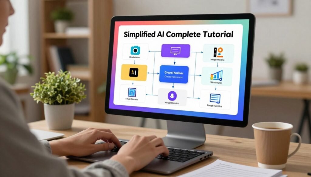 A visually engaging digital workspace for a "Simplified AI Complete Tutorial," showcasing a computer screen displaying a colorful, organized layout featuring various AI tools and alternatives. In the foreground, a pair of hands in smart casual attire are typing on a laptop, with notes and a coffee cup nearby, creating a casual yet professional atmosphere. The middle ground features a vibrant digital flowchart outlining AI features, with icons symbolizing different alternatives like chatbots, image generators, and data analysis tools. In the background, soft ambient lighting enhances a cozy office space, with bookshelves and green plants adding warmth. The image conveys an informative and approachable mood, ideal for beginners exploring AI solutions.