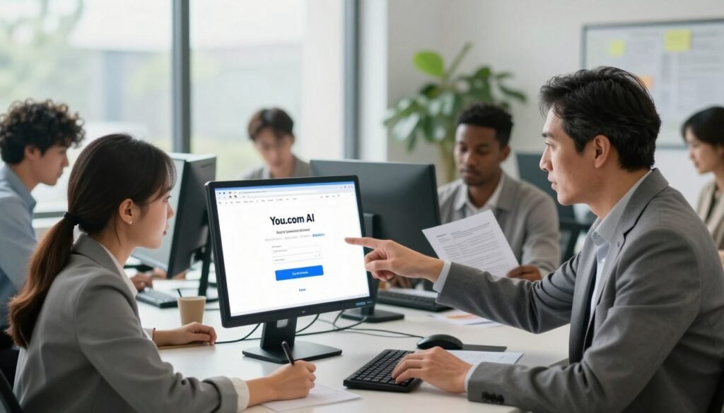 A visually engaging educational scene depicting a diverse group of individuals in a modern office environment, intently focused on signing up for You.com AI on desktop devices. In the foreground, a young professional woman in business attire is seated at a sleek desk, navigating the website with an expression of determination. Beside her, a middle-aged man, also in professional attire, points to the screen, highlighting the sign-up process. In the middle ground, another colleague reviews printed materials about the AI features, showcasing a collaborative atmosphere. The background features a large window bringing in soft, natural light, illuminating the modern office with green plants enhancing the fresh and motivational mood. The image should have a clear focus on the people engaged in the process, with a depth of field that softly blurs the background while keeping the foreground in sharp focus.