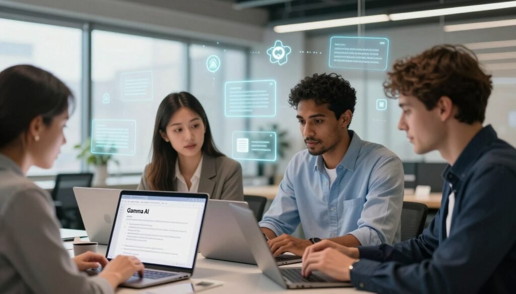 A visually engaging illustration depicting a beginner's guide to using Gamma AI for writing better prompts. In the foreground, a diverse group of three professionals—one woman and two men—in smart casual attire, are intently focused on laptops, showcasing various examples of Gamma AI prompts on their screens. The middle ground features floating digital elements such as glowing text snippets and icons representing AI features like brainstorming and editing. In the background, a sleek, modern office environment with large windows letting natural light in, creating a bright and inspiring atmosphere. The overall mood is collaborative and innovative, emphasizing creativity and efficiency in AI-assisted writing. Soft, ambient lighting enhances the professional yet inviting feel of the scene. A visually engaging illustration depicting a beginner's guide to using Gamma AI for writing better prompts. In the foreground, a diverse group of three professionals—one woman and two men—in smart casual attire, are intently focused on laptops, showcasing various examples of Gamma AI prompts on their screens. The middle ground features floating digital elements such as glowing text snippets and icons representing AI features like brainstorming and editing. In the background, a sleek, modern office environment with large windows letting natural light in, creating a bright and inspiring atmosphere. The overall mood is collaborative and innovative, emphasizing creativity and efficiency in AI-assisted writing. Soft, ambient lighting enhances the professional yet inviting feel of the scene.