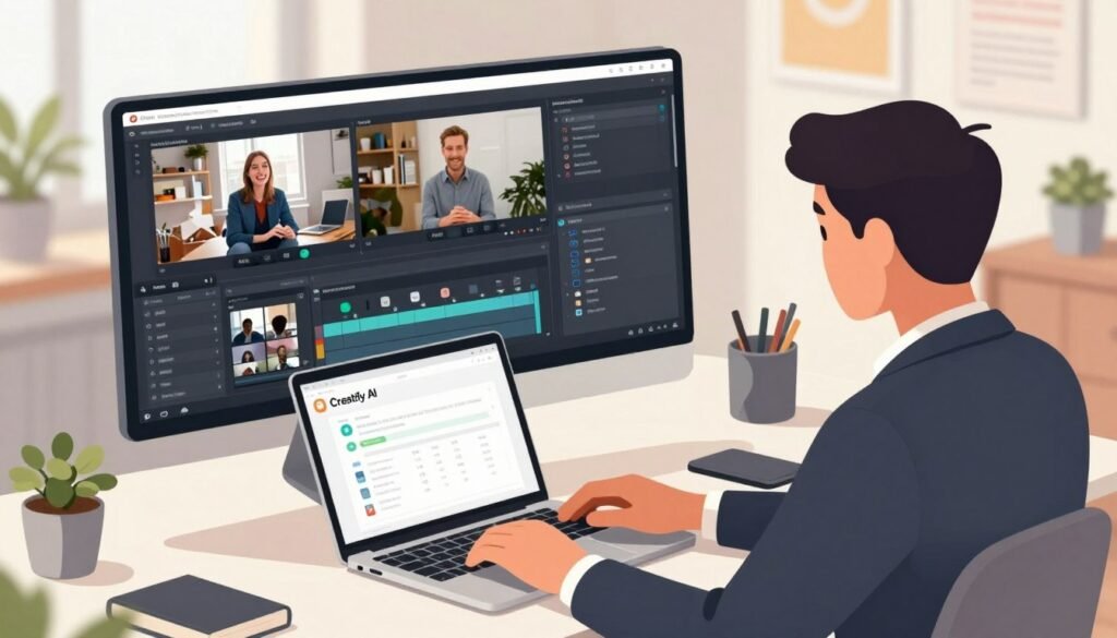 A visually engaging illustration depicting the process of creating videos using Creatify AI. In the foreground, an individual in business attire is seated at a modern desk, working on a sleek laptop, with a focused expression as they interact with the Creatify AI interface displayed on the screen. The middle layer features a large monitor beside them showcasing various video editing features and an organized digital workspace with icons representing video editing tools. In the background, an inspiring and bright office environment with soft, natural lighting, plants, and motivational posters creates a productive atmosphere. The composition should have a slight top-down angle, emphasizing the ease of video creation, while conveying a sense of innovation and professionalism. A visually engaging illustration depicting the process of creating videos using Creatify AI. In the foreground, an individual in business attire is seated at a modern desk, working on a sleek laptop, with a focused expression as they interact with the Creatify AI interface displayed on the screen. The middle layer features a large monitor beside them showcasing various video editing features and an organized digital workspace with icons representing video editing tools. In the background, an inspiring and bright office environment with soft, natural lighting, plants, and motivational posters creates a productive atmosphere. The composition should have a slight top-down angle, emphasizing the ease of video creation, while conveying a sense of innovation and professionalism.