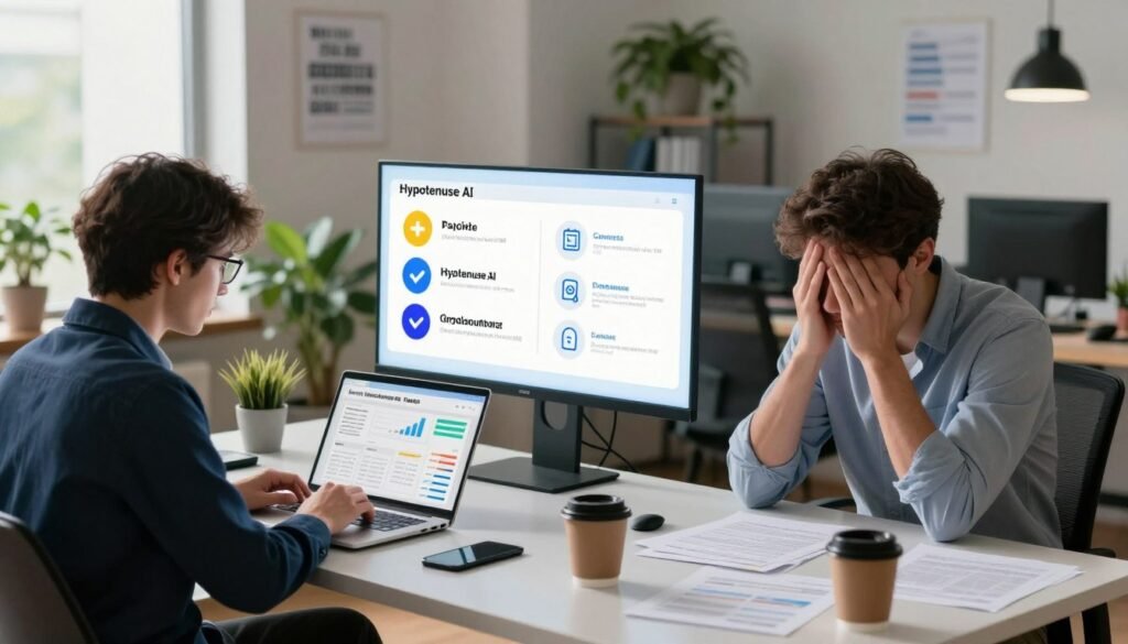 A visually engaging image illustrating the pros and cons of Hypotenuse AI, featuring a split-screen concept. On the left, a person in professional attire sits at a sleek desk, analyzing data on a laptop, with a bright, modern office background filled with plants and motivational posters. On the right, another individual in business casual shirt is frowning at a cluttered desk with papers and a coffee cup, bathed in softer, dimmer lighting to evoke a sense of frustration. Between them, a floating infographic displays positive and negative icons representing features of Hypotenuse AI. The scene should be bright and inspirational, evoking a balance of optimism and challenge in a tech-driven workspace, captured with a slightly elevated angle to emphasize the contrasting moods. A visually engaging image illustrating the pros and cons of Hypotenuse AI, featuring a split-screen concept. On the left, a person in professional attire sits at a sleek desk, analyzing data on a laptop, with a bright, modern office background filled with plants and motivational posters. On the right, another individual in business casual shirt is frowning at a cluttered desk with papers and a coffee cup, bathed in softer, dimmer lighting to evoke a sense of frustration. Between them, a floating infographic displays positive and negative icons representing features of Hypotenuse AI. The scene should be bright and inspirational, evoking a balance of optimism and challenge in a tech-driven workspace, captured with a slightly elevated angle to emphasize the contrasting moods.