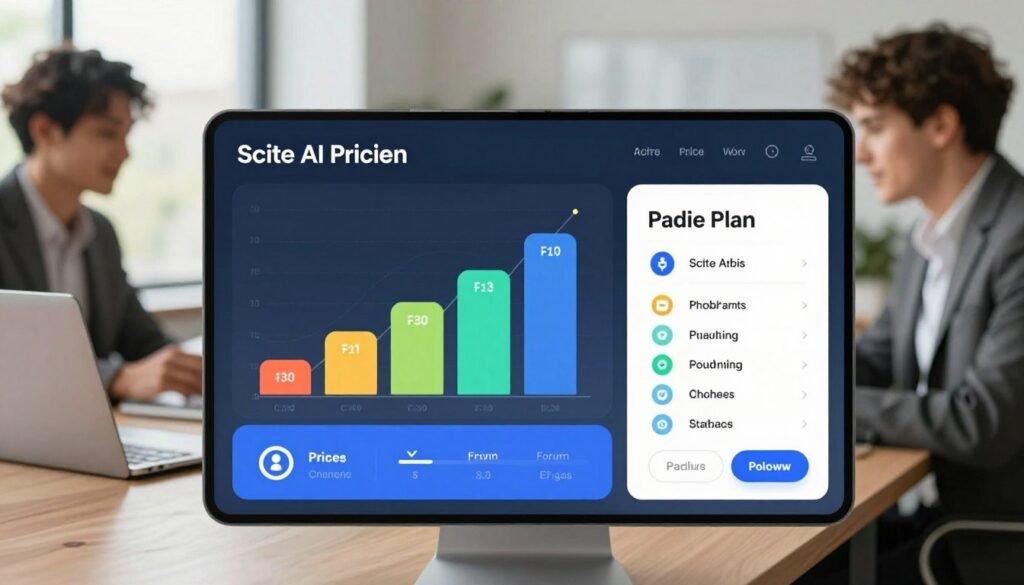 A visually engaging representation of Scite AI pricing, featuring a sleek, modern digital interface displayed prominently in the foreground. Include a side-by-side comparison of free and paid plans, showcasing their features with distinct yet harmonious colors. The middle layer should have abstract graphs and icons indicating pricing tiers and benefits, creating a visually compelling infographic style. In the background, a subtle blur of an office setting with professionals in business attire discussing the pricing on laptops, emphasizing a collaborative atmosphere. Utilize soft, natural lighting to produce a welcoming mood. The image should feel informative and professional, with a clear focus on the pricing aspect of Scite AI, avoiding any text elements in the composition. A visually engaging representation of Scite AI pricing, featuring a sleek, modern digital interface displayed prominently in the foreground. Include a side-by-side comparison of free and paid plans, showcasing their features with distinct yet harmonious colors. The middle layer should have abstract graphs and icons indicating pricing tiers and benefits, creating a visually compelling infographic style. In the background, a subtle blur of an office setting with professionals in business attire discussing the pricing on laptops, emphasizing a collaborative atmosphere. Utilize soft, natural lighting to produce a welcoming mood. The image should feel informative and professional, with a clear focus on the pricing aspect of Scite AI, avoiding any text elements in the composition.