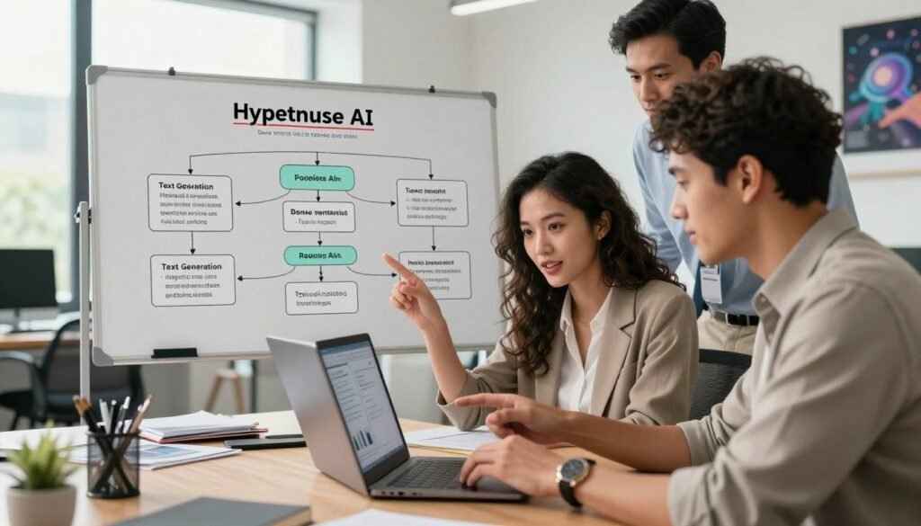 A visually engaging tutorial scene for beginners on using Hypotenuse AI. In the foreground, a diverse group of three professionals, one woman and two men, are gathered around a laptop, actively discussing and pointing at the screen, dressed in smart casual attire. In the middle ground, a flowchart or mind map related to AI features is displayed on a whiteboard, illustrating concepts like text generation and prompts. The background features a modern office environment, with bright, natural lighting pouring in through large windows, creating a warm and inviting atmosphere. The camera angle is slightly elevated, capturing the collaboration and excitement of learning, surrounded by tech gadgets and inspirational posters about AI innovation. A visually engaging tutorial scene for beginners on using Hypotenuse AI. In the foreground, a diverse group of three professionals, one woman and two men, are gathered around a laptop, actively discussing and pointing at the screen, dressed in smart casual attire. In the middle ground, a flowchart or mind map related to AI features is displayed on a whiteboard, illustrating concepts like text generation and prompts. The background features a modern office environment, with bright, natural lighting pouring in through large windows, creating a warm and inviting atmosphere. The camera angle is slightly elevated, capturing the collaboration and excitement of learning, surrounded by tech gadgets and inspirational posters about AI innovation.