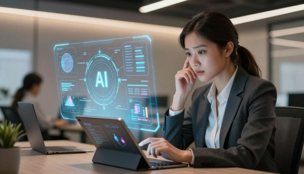 A visually engaging workspace illustrating the workings of Elicit AI, featuring a detailed diagram on a sleek digital tablet. In the foreground, a professional woman in business attire, intently analyzing data on the tablet, her expression reflecting curiosity and focus. The middle ground showcases a glowing holographic interface displaying various AI processes, such as data collection, analysis, and visualization. The background features a modern office environment, softly lit with warm ambient lighting, enhancing the innovative atmosphere. The scene captures a blend of technology and human insight, emphasizing collaboration in research. The composition is shot from a slight angle to create depth, utilizing a soft focus to highlight the technology while maintaining clarity on the professional figure's engagement. A visually engaging workspace illustrating the workings of Elicit AI, featuring a detailed diagram on a sleek digital tablet. In the foreground, a professional woman in business attire, intently analyzing data on the tablet, her expression reflecting curiosity and focus. The middle ground showcases a glowing holographic interface displaying various AI processes, such as data collection, analysis, and visualization. The background features a modern office environment, softly lit with warm ambient lighting, enhancing the innovative atmosphere. The scene captures a blend of technology and human insight, emphasizing collaboration in research. The composition is shot from a slight angle to create depth, utilizing a soft focus to highlight the technology while maintaining clarity on the professional figure's engagement.