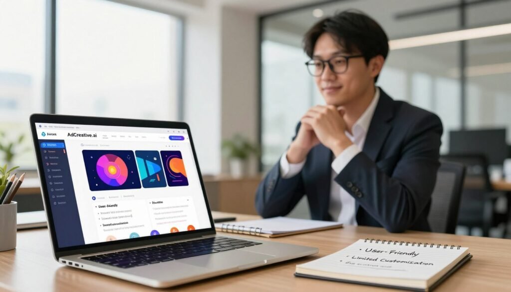 A visually striking composition depicting the pros and cons of AdCreative.ai in a professional setting. In the foreground, a sleek laptop displays the AdCreative.ai interface, showcasing vibrant ad design templates. Beside it, a notepad with handwritten bullet points, clearly outlining both positives and negatives of the platform, such as "User-Friendly" and "Limited Customization". The middle ground features a well-dressed business professional, thoughtfully engaged in the review process, wearing a smart blazer and glasses, reflecting a serious yet optimistic expression. In the background, a modern office environment with soft natural lighting filtering through large windows, creating an inspiring mood. The overall color palette is warm and inviting, emphasizing clarity and productivity without any distractions. A visually striking composition depicting the pros and cons of AdCreative.ai in a professional setting. In the foreground, a sleek laptop displays the AdCreative.ai interface, showcasing vibrant ad design templates. Beside it, a notepad with handwritten bullet points, clearly outlining both positives and negatives of the platform, such as "User-Friendly" and "Limited Customization". The middle ground features a well-dressed business professional, thoughtfully engaged in the review process, wearing a smart blazer and glasses, reflecting a serious yet optimistic expression. In the background, a modern office environment with soft natural lighting filtering through large windows, creating an inspiring mood. The overall color palette is warm and inviting, emphasizing clarity and productivity without any distractions.