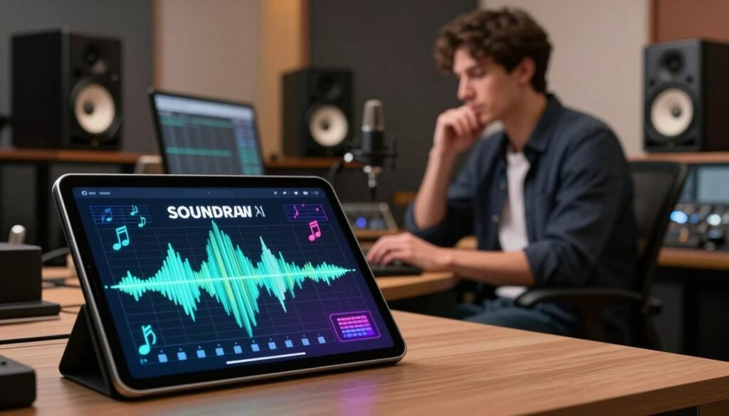 A visually striking concept illustrating the pros and cons of SOUNDRAW AI for music generation. In the foreground, a sleek digital tablet displays an animated waveform representing generated music, surrounded by musical notes and graphical sound waves in vibrant colors. In the middle ground, a thoughtful individual in professional attire sits at a modern desk, engaged in the creative process with a focused expression. The background features a cozy, well-lit studio filled with sound equipment, such as speakers and microphones, adding an artistic touch. Soft, warm lighting bathes the scene, creating an inviting atmosphere that emphasizes innovation and creativity. The image conveys a balanced feel, showcasing both the excitement and challenges of AI music generation in a contemporary setting.