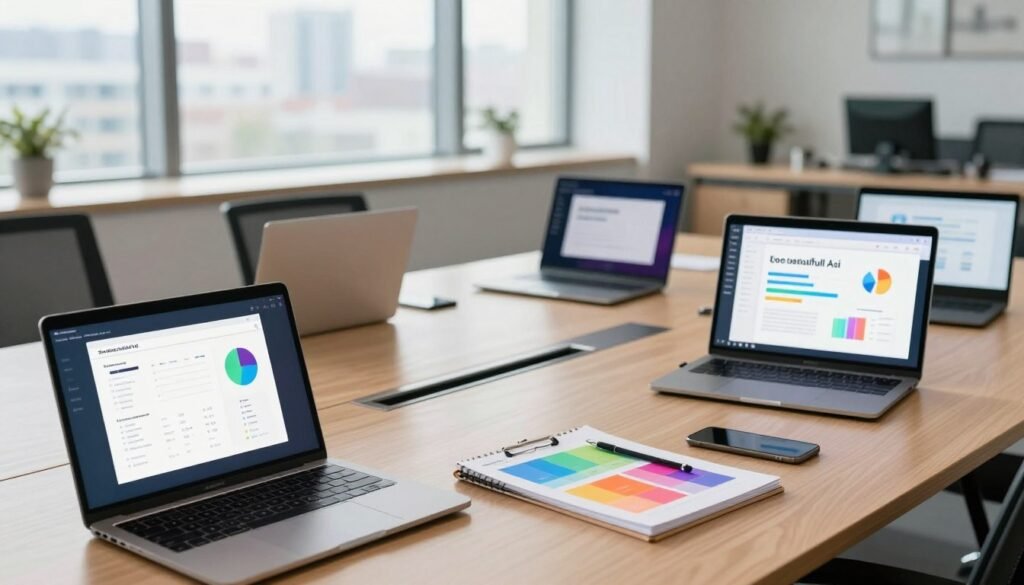 A visually striking digital workspace showcasing various alternatives to Beautiful.ai, set in a well-lit modern office environment. In the foreground, display sleek laptop screens open to different presentation software interfaces, accompanied by vibrant charts and graphs. In the middle ground, include a stylish conference table with a notepad, colorful design templates, and scattered design tools, illustrating a creative brainstorming session. The background portrays large windows with a cityscape view, casting natural light into the room, enhancing the professional atmosphere. The mood is inspiring and innovative, inviting viewers to explore the possibilities of presentation tools. Use a sharp focus on the foreground elements while softly blurring the background for depth. The image should be inviting and reflect a collaborative workspace filled with creativity and technology. A visually striking digital workspace showcasing various alternatives to Beautiful.ai, set in a well-lit modern office environment. In the foreground, display sleek laptop screens open to different presentation software interfaces, accompanied by vibrant charts and graphs. In the middle ground, include a stylish conference table with a notepad, colorful design templates, and scattered design tools, illustrating a creative brainstorming session. The background portrays large windows with a cityscape view, casting natural light into the room, enhancing the professional atmosphere. The mood is inspiring and innovative, inviting viewers to explore the possibilities of presentation tools. Use a sharp focus on the foreground elements while softly blurring the background for depth. The image should be inviting and reflect a collaborative workspace filled with creativity and technology.