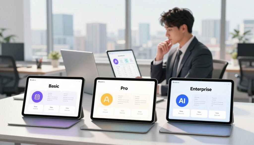A visually striking illustration of diverse, well-organized pricing plans for a hypothetical AI website builder called "Durable AI." In the foreground, three distinct pricing tiers displayed on sleek tablets: Basic, Pro, and Enterprise, each with unique icons and color schemes representing their features. The middle ground features a modern office workspace with a professional businessperson, dressed in business attire, analyzing these pricing plans thoughtfully. The background showcases a bright, tech-inspired atmosphere with large windows revealing a bustling cityscape and ample natural light. Soft shadows on the desk, hazy focus in the background, and an overall mood of innovation and professionalism create an engaging visual that encapsulates the essence of AI pricing strategies. A visually striking illustration of diverse, well-organized pricing plans for a hypothetical AI website builder called "Durable AI." In the foreground, three distinct pricing tiers displayed on sleek tablets: Basic, Pro, and Enterprise, each with unique icons and color schemes representing their features. The middle ground features a modern office workspace with a professional businessperson, dressed in business attire, analyzing these pricing plans thoughtfully. The background showcases a bright, tech-inspired atmosphere with large windows revealing a bustling cityscape and ample natural light. Soft shadows on the desk, hazy focus in the background, and an overall mood of innovation and professionalism create an engaging visual that encapsulates the essence of AI pricing strategies.
