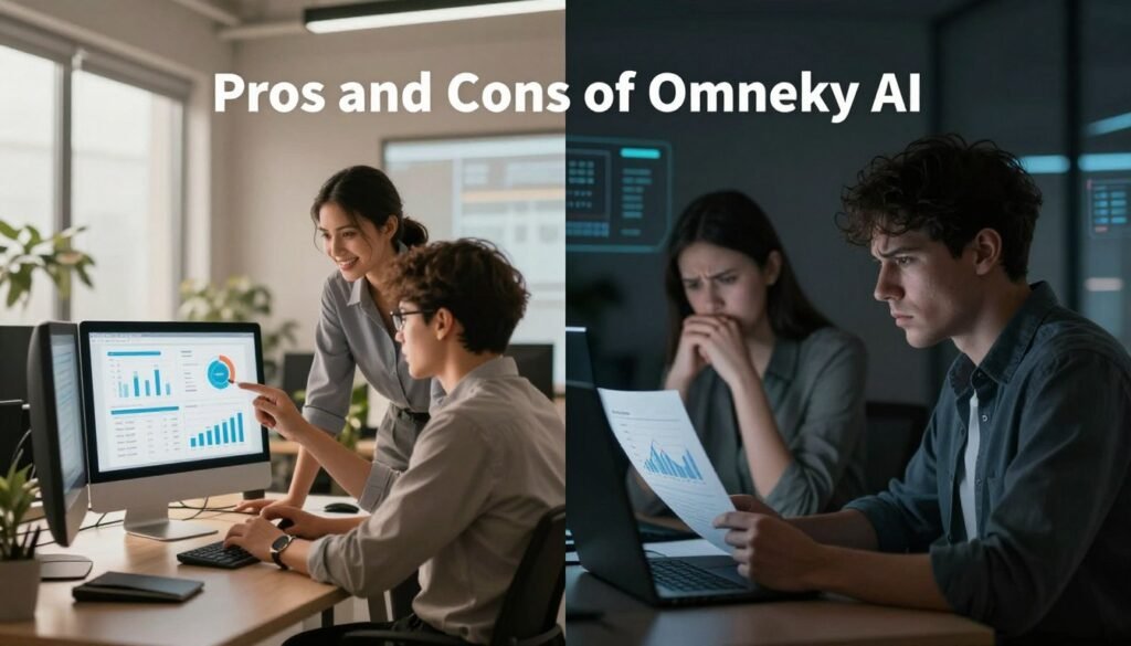 A visually striking split image illustrating the "Pros and Cons of Omneky AI." The left side features a bright, modern office workspace, showcasing professionals in business attire collaborating over a computer screen displaying positive statistics and graphics, symbolizing the advantages of using Omneky AI, such as efficiency and user-friendly features. Soft, warm lighting enhances the positive atmosphere. The right side contrasts with a darker, more somber tone, depicting individuals with furrowed brows reviewing charts with declining metrics and expressing concern, representing the potential drawbacks. A layered background of abstract digital elements conveys the AI theme. The overall mood is balanced, inviting contemplation on the benefits and challenges of Omneky AI.