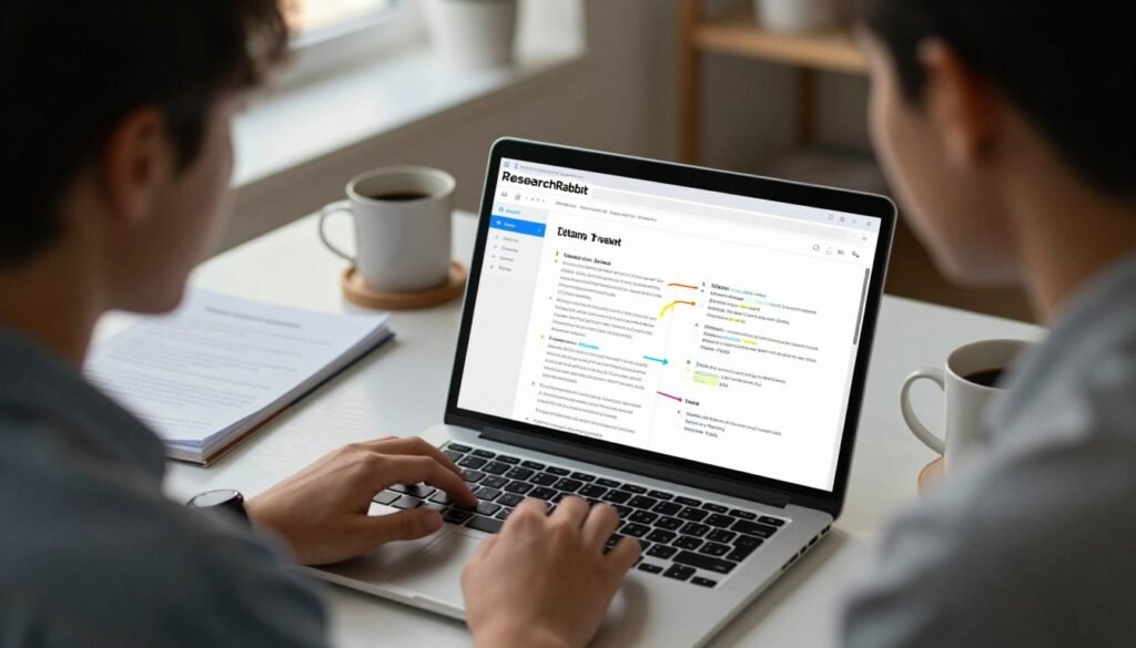 A young professional researcher focused on a laptop screen displaying the ResearchRabbit interface for literature reviews. In the foreground, the researcher, wearing smart casual attire, examines a vibrant visual of interconnected academic papers and citations. The middle ground features a glowing laptop screen with arrows pointing to relevant features like 'Search' and 'Save'. The background shows a well-organized desk cluttered with research notes and a coffee mug, softly illuminated by warm, diffused lighting from a nearby window. The atmosphere is productive and inspiring, evoking a sense of exploration and discovery in the realm of academic research. The lens perspective captures an inviting, slightly angled view, enhancing the depth and engagement of the scene.
