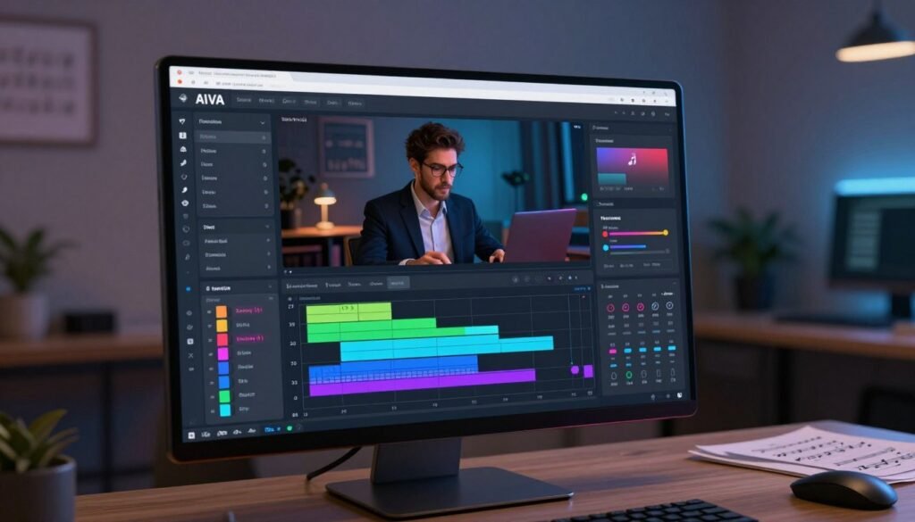 AIVA AI dashboard interface displayed prominently in the foreground, featuring colorful music creation tools like virtual instruments, audio tracks, and mixing options. The middle layer shows a user interacting with the dashboard, depicted as a focused individual in professional business attire, surrounded by a subtle glow from the screen. The background showcases a modern workspace with muted colors, including a desk with musical notation and a sleek computer setup. Soft, diffused lighting highlights the dashboard's vibrant colors while casting gentle shadows, creating an inviting atmosphere. The overall mood is one of creativity and innovation, illustrating the powerful features of AIVA AI for music production.