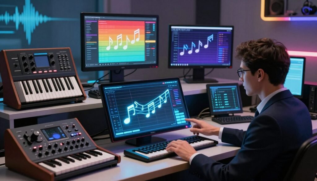 AIVA AI depicted as an advanced, sleek, futuristic musical interface with glowing elements, actively generating music notes that visually represent harmony and creativity. In contrast, a variety of other AI music generators, portrayed as traditional synthesizers and modern digital interfaces, surround AIVA AI, showcasing their distinct yet less advanced designs. In the foreground, a professional figure in business attire, confidently interacting with AIVA AI, emphasizes its cutting-edge capabilities. The middle ground features a vibrant color palette to illustrate energy and innovation. In the background, a subtle, modern studio setting with hints of digital screens and sound waves suggests an atmosphere of creativity and technological advancement. Soft, ambient lighting creates a professional yet inspiring mood, highlighting the competition between these AI music technologies.