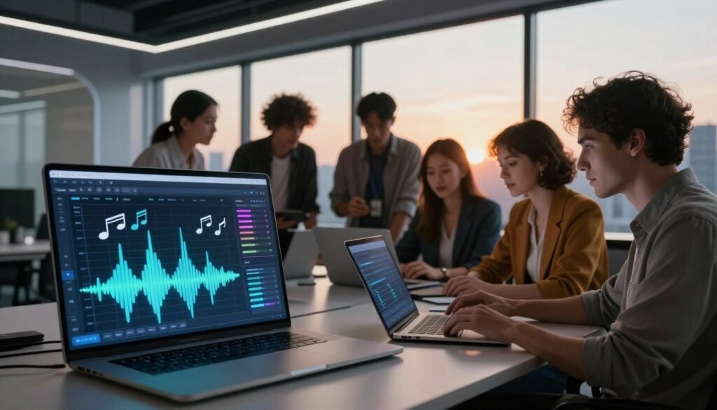 AIVA AI music generator concept. In the foreground, a sleek, modern interface displays vibrant sound wave patterns and musical notes, emphasizing creativity and innovation. The middle ground features a diverse group of professionals, dressed in smart casual attire, collaborating around a high-tech laptop, visually engaged in the music creation process. In the background, a futuristic office space with large windows showcases a city skyline, bathed in the warm glow of sunset, enhancing the mood of inspiration and productivity. Soft, diffused lighting highlights the technology while casting gentle shadows, adding depth to the scene. The atmosphere conveys a sense of collaboration and the endless possibilities of music creation through AI.