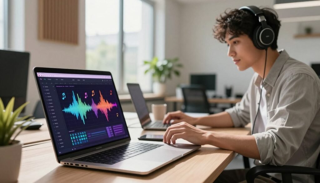 AIVA AI music generator for beginners in a modern workspace. Foreground: a sleek laptop displaying the AIVA interface, with colorful musical notes and waveforms emerging from the screen. Middle: a focused young adult, dressed in smart casual attire, using a pair of headphones, tapping their fingers on the laptop's keyboard. Background: a contemporary office with bright, natural light filtering through large windows, potted plants, and soundproof panels on the walls. The atmosphere is vibrant and inspiring, conveying creativity and innovation in music generation. Soft shadows are cast, giving depth to the scene, while a shallow depth of field draws attention to the laptop and the user.