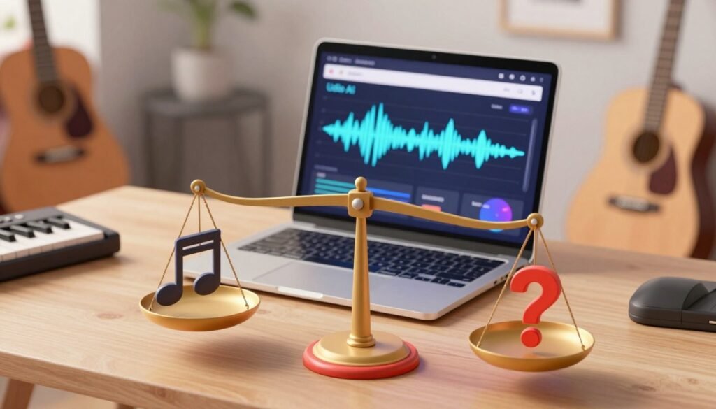 An informative visual representation illustrating the "Pros and Cons of Udio AI." In the foreground, display a balanced scale with music notes on one side symbolizing the pros, and a question mark on the other side representing the cons. The middle ground should feature a stylized, modern digital workspace with a sleek laptop displaying the Udio AI interface featuring vibrant waveforms and musical compositions. In the background, have a soft-focus, contemporary home studio setting with musical instruments like a guitar and keyboard, enhanced with warm, inviting lighting that creates a creative atmosphere. Use a slight top-down angle to emphasize the balance between advantages and disadvantages, creating an engaging, thoughtful mood without any text or additional elements distracting from the theme. An informative visual representation illustrating the "Pros and Cons of Udio AI." In the foreground, display a balanced scale with music notes on one side symbolizing the pros, and a question mark on the other side representing the cons. The middle ground should feature a stylized, modern digital workspace with a sleek laptop displaying the Udio AI interface featuring vibrant waveforms and musical compositions. In the background, have a soft-focus, contemporary home studio setting with musical instruments like a guitar and keyboard, enhanced with warm, inviting lighting that creates a creative atmosphere. Use a slight top-down angle to emphasize the balance between advantages and disadvantages, creating an engaging, thoughtful mood without any text or additional elements distracting from the theme.