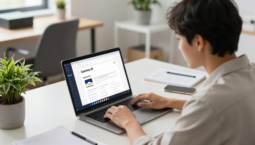 An inviting workspace scene illustrating the use of Gamma AI for creating presentations. In the foreground, a focused professional in smart casual attire sits at a sleek desk, interacting with a modern laptop displaying the Gamma AI interface. The middle ground features notes and an organized workspace, with a vibrant houseplant adding a pop of color. In the background, a well-lit office with soft natural lighting creates a welcoming atmosphere. The composition captures a sense of productivity and innovation, emphasizing the importance of technology in modern presentations. The angle should be slightly above eye level, providing a clear view of the screen and the user’s engagement with the software, while ensuring the environment is calm and motivating. An inviting workspace scene illustrating the use of Gamma AI for creating presentations. In the foreground, a focused professional in smart casual attire sits at a sleek desk, interacting with a modern laptop displaying the Gamma AI interface. The middle ground features notes and an organized workspace, with a vibrant houseplant adding a pop of color. In the background, a well-lit office with soft natural lighting creates a welcoming atmosphere. The composition captures a sense of productivity and innovation, emphasizing the importance of technology in modern presentations. The angle should be slightly above eye level, providing a clear view of the screen and the user’s engagement with the software, while ensuring the environment is calm and motivating.