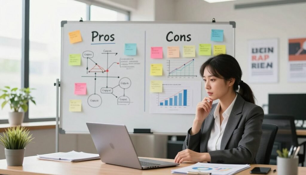 An office setting featuring a modern workspace that showcases the pros and cons of Copy.ai. In the foreground, a professional businesswoman in smart attire is analyzing charts and graphs on a laptop, with one hand on her chin, deep in thought. In the middle, a large whiteboard is divided into two sections labeled 'Pros' and 'Cons,' filled with colorful sticky notes and diagrams illustrating the key features of Copy.ai. The background should show a bright, well-lit office with plants and motivational posters, conveying a productive atmosphere. The lighting is soft and natural, coming from large windows, giving a warm, inviting feel. The composition should capture a sense of analysis and contemplation, reflecting the evaluation process of a digital tool. An office setting featuring a modern workspace that showcases the pros and cons of Copy.ai. In the foreground, a professional businesswoman in smart attire is analyzing charts and graphs on a laptop, with one hand on her chin, deep in thought. In the middle, a large whiteboard is divided into two sections labeled 'Pros' and 'Cons,' filled with colorful sticky notes and diagrams illustrating the key features of Copy.ai. The background should show a bright, well-lit office with plants and motivational posters, conveying a productive atmosphere. The lighting is soft and natural, coming from large windows, giving a warm, inviting feel. The composition should capture a sense of analysis and contemplation, reflecting the evaluation process of a digital tool.
