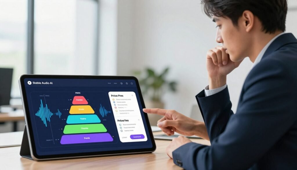 An organized and visually appealing overview of Stable Audio AI features and pricing plans, depicted in a modern business setting. In the foreground, a sleek digital tablet displays a colorful chart highlighting different pricing tiers and features, surrounded by audio waveforms. The middle layer features a professional-looking business person in smart attire, actively engaging with the tablet, with a contemplative expression. The background includes a minimalistic office environment with large windows, soft natural lighting illuminating the scene, creating a bright and optimistic atmosphere. The image captures a sense of innovation and clarity, emphasizing the user-friendly nature of the Stable Audio AI platform. An organized and visually appealing overview of Stable Audio AI features and pricing plans, depicted in a modern business setting. In the foreground, a sleek digital tablet displays a colorful chart highlighting different pricing tiers and features, surrounded by audio waveforms. The middle layer features a professional-looking business person in smart attire, actively engaging with the tablet, with a contemplative expression. The background includes a minimalistic office environment with large windows, soft natural lighting illuminating the scene, creating a bright and optimistic atmosphere. The image captures a sense of innovation and clarity, emphasizing the user-friendly nature of the Stable Audio AI platform.