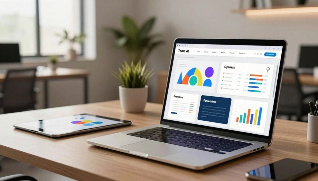 Create an image showcasing a modern, sleek workspace designed for a Tome AI presentation maker. In the foreground, feature a high-tech laptop open to a visually appealing interface displaying various presentation templates. On one side, incorporate a tablet displaying colorful charts and graphs emerging from the laptop screen, symbolizing data-driven insights. In the middle ground, depict a stylish office environment with soft ambient lighting, minimalist furniture, and plants for a fresh touch. The background should include large windows letting in natural light, enhancing the professionalism of the scene. Capture a mood of creativity and innovation, with an emphasis on productivity and inspiration. Use a warm color palette and an angle that highlights both the laptop and the inviting workspace atmosphere.