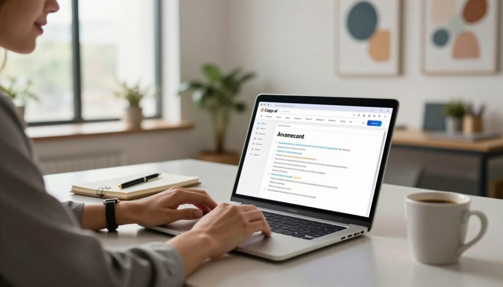 In a modern office setting, a confident business professional in smart casual attire sits at a sleek desk, intently using a laptop displaying the Copy.ai interface. The foreground features a close-up of the laptop screen filled with colorful and dynamic AI writing suggestions. In the middle ground, additional elements like a notepad, stylish pen, and coffee mug enhance the workspace ambiance. The background showcases a bright, inspiring workspace with large windows letting in natural light, plants, and abstract art on the walls. The atmosphere is focused and productive, suggesting creativity and innovation in action. Lighting is warm and inviting, with a soft focus on the laptop screen, capturing the essence of modern technology enabling seamless writing solutions. In a modern office setting, a confident business professional in smart casual attire sits at a sleek desk, intently using a laptop displaying the Copy.ai interface. The foreground features a close-up of the laptop screen filled with colorful and dynamic AI writing suggestions. In the middle ground, additional elements like a notepad, stylish pen, and coffee mug enhance the workspace ambiance. The background showcases a bright, inspiring workspace with large windows letting in natural light, plants, and abstract art on the walls. The atmosphere is focused and productive, suggesting creativity and innovation in action. Lighting is warm and inviting, with a soft focus on the laptop screen, capturing the essence of modern technology enabling seamless writing solutions.
