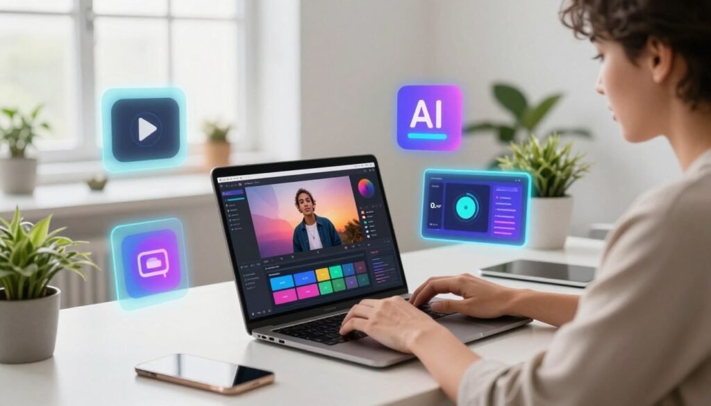 A creative workspace showcasing how to use Runway AI, featuring a sleek laptop on a modern desk with vibrant visuals displayed on the screen. In the foreground, a professional person in smart casual attire is typing and analyzing the interface, appearing focused and engaged. In the middle, colorful graphics and user interface elements are artistically arranged around the laptop, illustrating various AI features like video editing tools and image generation options, glowing softly to attract the eye. The background is filled with a clean, bright office environment with soft lighting—large windows casting natural light and a few potted plants adding a touch of greenery. The overall mood is innovative and dynamic, inviting users to explore the capabilities of Runway AI.
