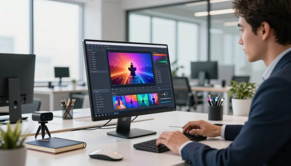 A high-tech workspace showcasing the Runway AI video generator in action. In the foreground, a modern computer screen displays a vibrant interface of the software, with animated visuals and video editing tools. A professional in business attire interacts with the software, focusing intently on the screen. In the middle ground, a stylish desk with creative paraphernalia such as notebooks, a webcam, and LED lights sets the stage for innovation. The background features a sleek, modern office environment with large windows, allowing natural light to flood the space, creating a bright and inspiring atmosphere. Soft shadows and subtle reflections enhance the high-tech aesthetic, while a hint of greenery from indoor plants adds a touch of warmth and creativity to the scene.