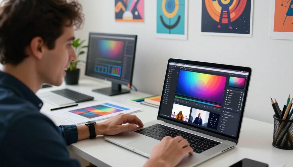 A high-tech workspace showcasing the features of Runway AI. In the foreground, a sleek laptop open to the Runway AI interface, displaying vibrant graphics and tool options for creative projects. To the left, a professional individual in business attire analyzes the screen with an expression of focus and excitement. The middle ground features a modern desk cluttered with design tools and digital art materials, emphasizing creativity. In the background, a wall adorned with inspiring digital artwork illustrates successful AI-generated designs. Soft, natural lighting illuminates the scene, creating a vibrant and innovative atmosphere. The camera angle is slightly above eye level, providing a dynamic perspective, highlighting the workspace's modernity and efficiency. The overall mood is inspired and tech-savvy, conveying the empowerment that Runway AI brings to creative professionals.