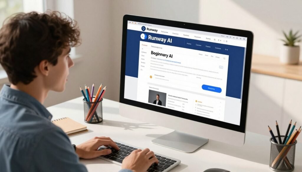 A modern digital workspace showcasing a beginner-friendly interface for Runway AI, featuring a sleek computer screen displaying the Runway AI dashboard. In the foreground, a young person in professional business attire is focused on the screen, with an expression of curiosity and excitement. The middle ground includes a minimalistic desk with creative tools like a notebook and colorful pens, emphasizing a productive environment. The background offers a bright, inviting room with soft, natural light streaming in from a window, casting gentle shadows that create a warm atmosphere. The angle is slightly elevated, capturing both the individual and the vibrant workspace, evoking a sense of inspiration and eagerness to learn about AI.