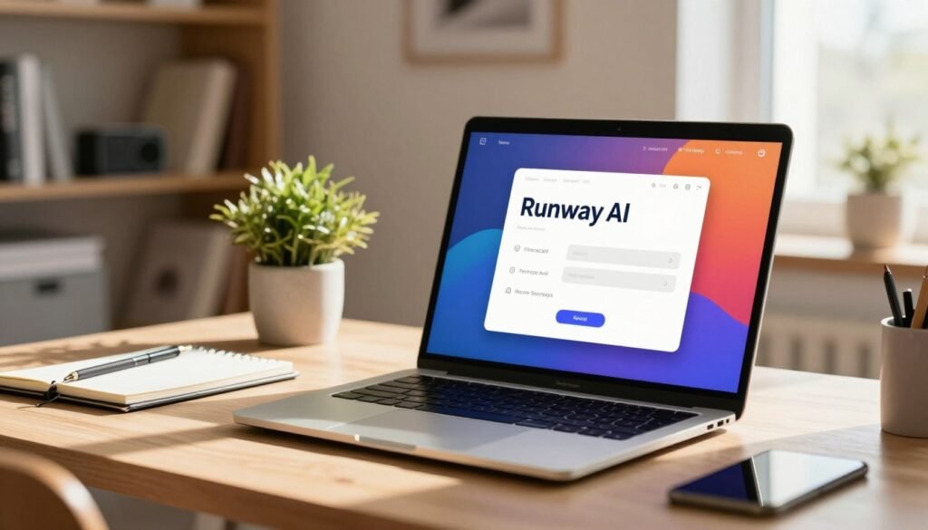 A modern, sleek digital workspace showcasing the "Runway AI" sign-up interface on a high-resolution laptop screen. In the foreground, an inviting, well-organized desk with a stylish laptop open to the Runway AI sign-up page, featuring user-friendly input fields and a vibrant design. The middle ground includes a potted plant and a notepad, enhancing the professional atmosphere. In the background, soft-focused shelves filled with books and tech gadgets create an inspiring environment. The lighting is warm and natural, with soft sunlight filtering in through a nearby window, casting gentle shadows. The scene conveys a sense of innovation and professionalism, ideal for illustrating the process of signing up for Runway AI.
