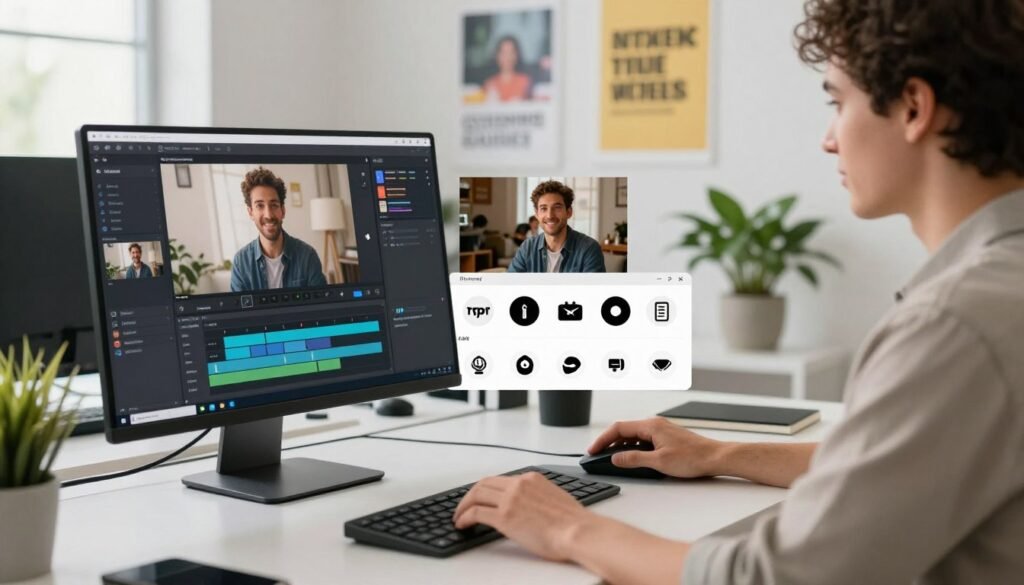A modern, sleek workspace showcasing the process of using Runway AI for video generation. In the foreground, a computer screen displays the Runway AI interface, with engaging visuals and user-friendly controls. Nearby, a professional, casually dressed individual, focused and engaged, interacts with the software using a mouse and keyboard. In the middle ground, various digital assets and icons symbolizing video generation, such as editing timelines and video clips, are artistically arranged. The background features a well-lit, minimalist office setting with potted plants and motivational posters, creating a positive and inspiring atmosphere. Soft, diffuse lighting illuminates the scene, emphasizing the clarity and modernity of the technology. The angle captures a perspective that immerses the viewer into the workflow, conveying a sense of creativity and innovation.