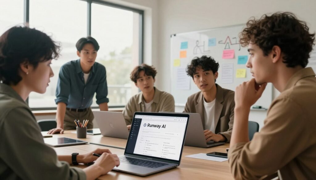 A sleek, modern computer workspace featuring a diverse group of four professionals, dressed in smart casual attire, engaged in a discussion about Runway AI. In the foreground, a laptop displays the Runway AI interface, showcasing its user-friendly features. The middle ground includes a whiteboard filled with colorful notes and diagrams about AI concepts, while a large window in the background bathes the room with soft natural light, creating an inviting atmosphere. The scene captures a sense of collaboration and innovation, with warm colors promoting creativity. The angle is slightly elevated, focusing on the expression of curiosity and enthusiasm on the faces of the people, conveying a mood of exploration and learning about AI technology.