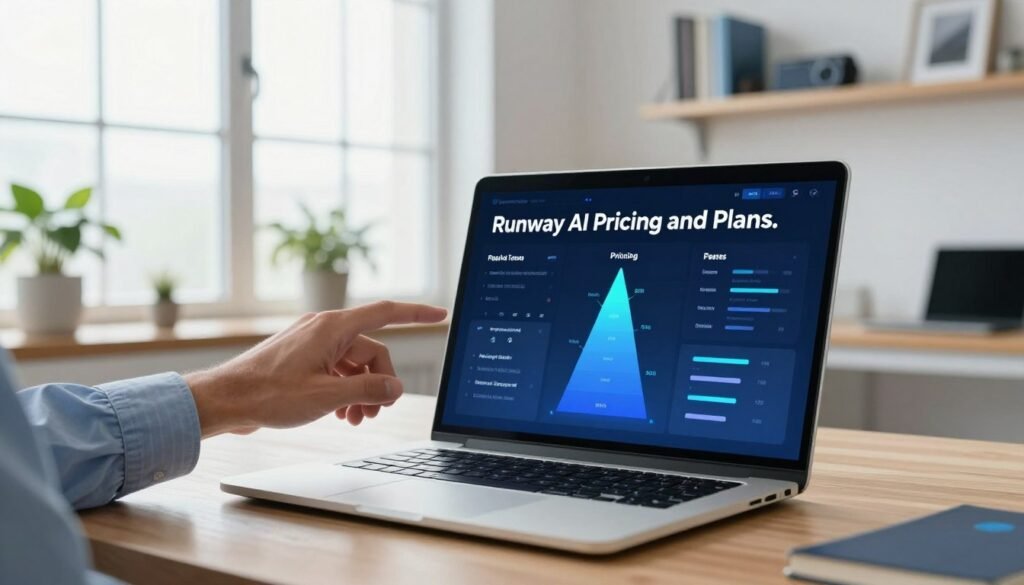 A visually engaging workspace featuring a modern digital dashboard displaying "Runway AI Pricing and Plans." In the foreground, a laptop sits open on a sleek wooden desk, with detailed infographics showing various pricing tiers and features. A person's hand, clad in a professional business cuff, gestures toward the screen, emphasizing the pricing details. In the middle ground, a large window lets in bright, natural light, enhancing the contemporary office atmosphere. Potted plants add a touch of greenery, while an aesthetically pleasing color palette of light blues and whites creates a professional and inviting mood. The background showcases shelves with tech-related books and merchandise, reinforcing the theme of advanced AI technology. The overall composition is clean, organized, and visually appealing, suitable for illustrating the pricing structure of Runway AI.